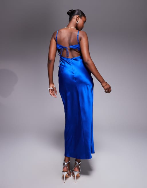 ASOS DESIGN - Vestito lungo in raso blu cobalto con cut-out sul retro e bustino con coppe in pizzo, 4 di 4
