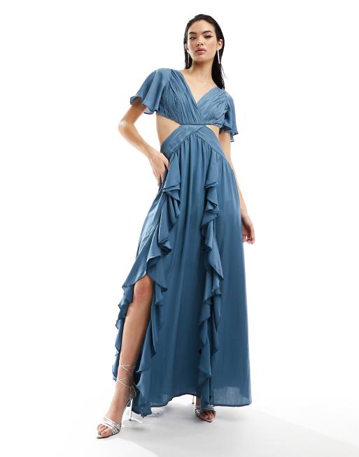 ASOS DESIGN - Vestito lungo in raso blu con maniche con volant e cut-out in vita