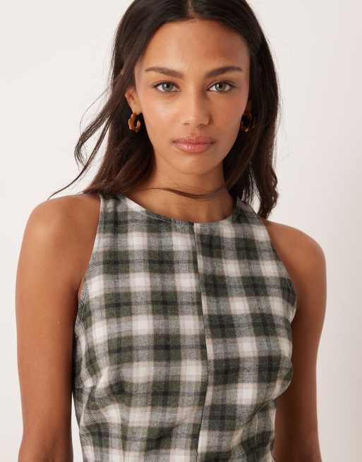 ASOS DESIGN - Vestito lungo in raso blu navy a quadri con scollo a vogatore, 2 di 4