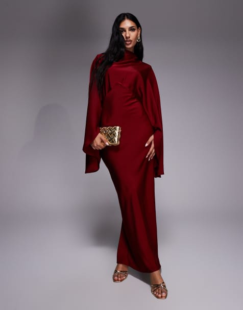 ASOS DESIGN - Vestito lungo in raso bordeaux con collo a imbuto e maniche oversize - view 1