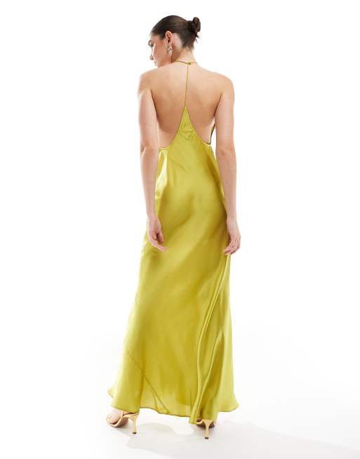 ASOS DESIGN - Vestito lungo in raso chartreuse allacciato al collo con dettaglio sagomato sul retro, 2 di 4