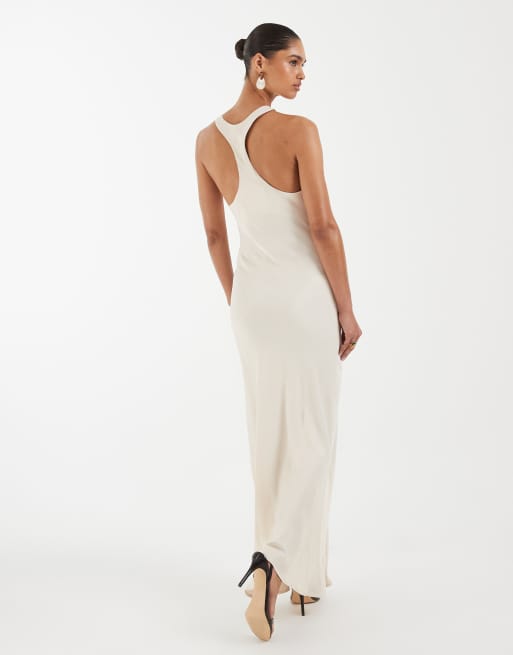 ASOS DESIGN - Vestito lungo in raso color avorio con scollo a vogatore e spacco, 4 di 4