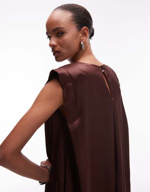 ASOS DESIGN - Vestito lungo in raso color cioccolato con spalle imbottite, 2 di 4