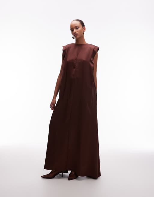 ASOS DESIGN - Vestito lungo in raso color cioccolato con spalle imbottite, 3 di 4