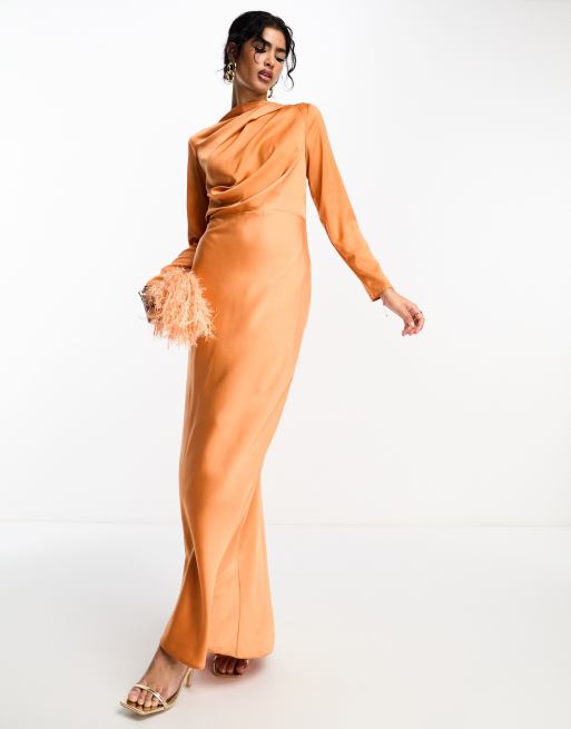 ASOS DESIGN - Vestito lungo in raso color ruggine con drappeggio sul corpetto