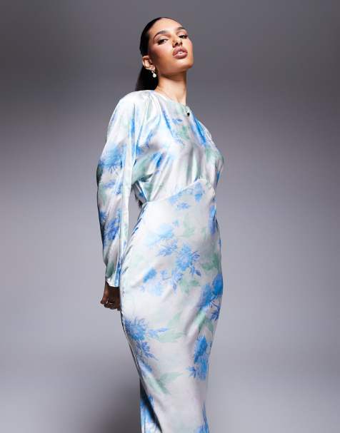 ASOS DESIGN - Vestito lungo in raso con maniche ad ali di pipistrello a fiori su fondo avorio - view 1