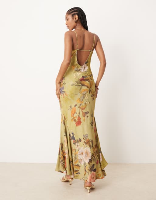 ASOS DESIGN - Vestito lungo in raso con stampa a fiori e godet, 2 di 4