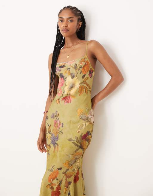 ASOS DESIGN - Vestito lungo in raso con stampa a fiori e godet, 3 di 4