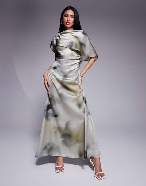 ASOS DESIGN - Vestito lungo in raso con stampa a fiori sfumata, scollo a barchetta e mantella - view 1