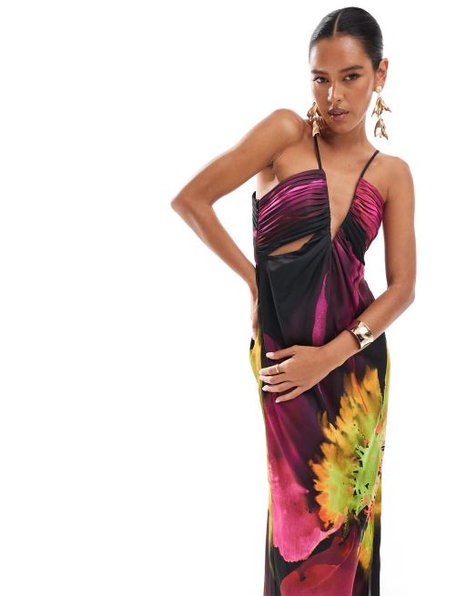 ASOS DESIGN - Vestito lungo in raso con stampa astratta e apertura a goccia, 3 di 4