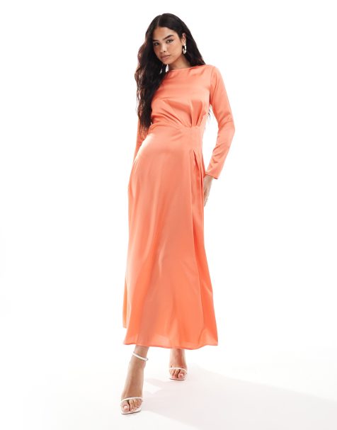 ASOS DESIGN - Vestito lungo in raso con vita a pieghe, colore arancione bruciato - view 1