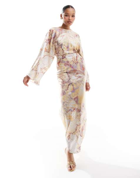 ASOS DESIGN - Vestito lungo in raso con vita asimmetrica e maniche ad ali di pipistrello con stampa acquerello - view 1