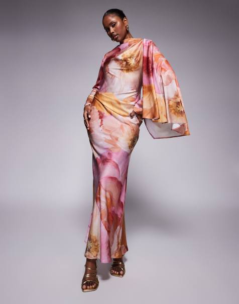 ASOS DESIGN - Vestito lungo in raso drappeggiato con taglio sbieco, strato sovrapposto effetto sciarpa e stampa a fiori oversize - view 1