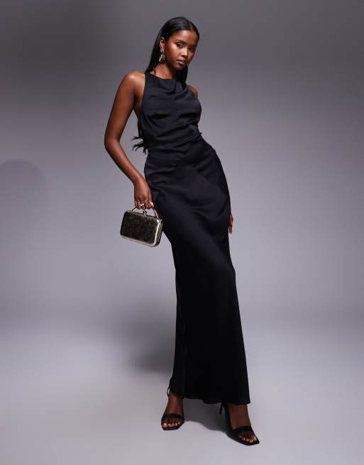 ASOS DESIGN - Vestito lungo in raso e chiffon a pannelli in taglio sbieco nero con design incrociato sulla schiena