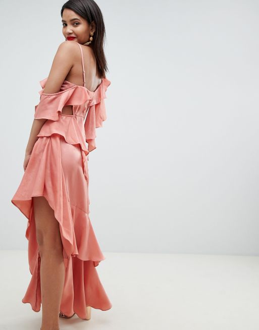 ASOS DESIGN - Vestito lungo in raso fluttuante con volant, 2 di 4