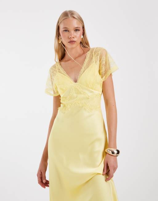 ASOS DESIGN - Vestito lungo in raso giallo tenue con scollo a V e dettagli in pizzo