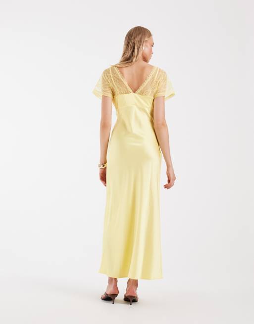 ASOS DESIGN - Vestito lungo in raso giallo tenue con scollo a V e dettagli in pizzo, 4 di 4