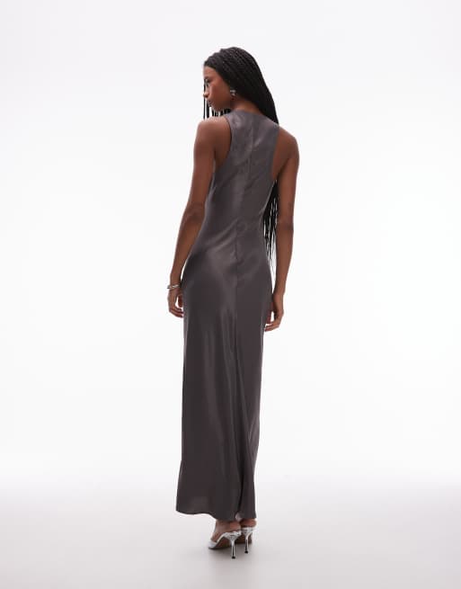 ASOS DESIGN - Vestito lungo in raso grigio antracite con scollo rotondo, 4 di 4