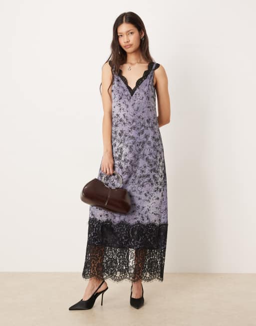 ASOS DESIGN - Vestito lungo in raso increspato nero a fiori con dettagli in pizzo e scollo a V