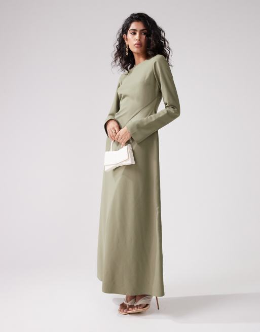 ASOS DESIGN - Vestito lungo in raso kaki con dettaglio asimmetrico