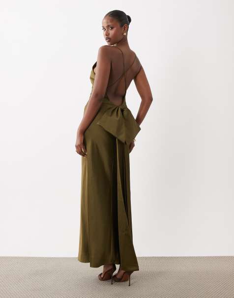 ASOS DESIGN - Vestito lungo in raso kaki con spalline sottili e fiocco sul retro - view 1