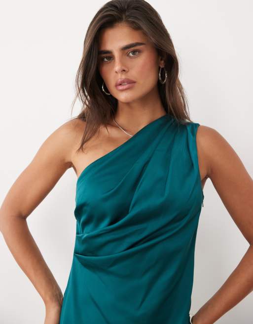 ASOS DESIGN vestito lungo in raso monospalla con dettaglio a pieghe verde petrolio, 3 di 4