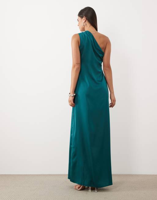 ASOS DESIGN vestito lungo in raso monospalla con dettaglio a pieghe verde petrolio, 4 di 4