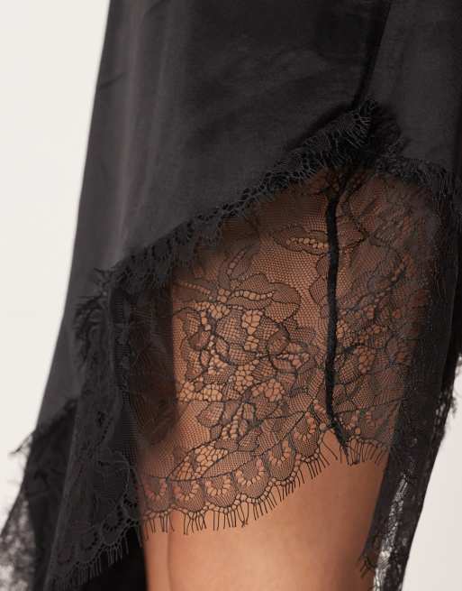 Sexy sottoveste nera lunga in tessuto trasparente e pizzo Leg Avenue