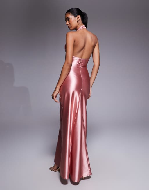 ASOS DESIGN - Vestito lungo in raso rosa confetto elasticizzato con scollo profondo, 2 di 4