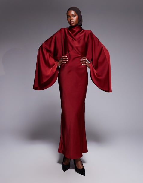 ASOS DESIGN - Vestito lungo in raso rosso con collo a imbuto e maniche oversize - view 1