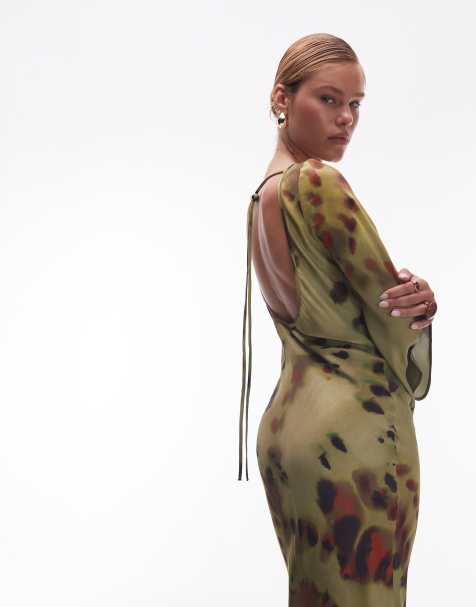 Abito Donna In Raso Vintage - Maniche Lunghe A Sbuffo, Bottoni Davanti, Scollo A V, Elegante E Romantico