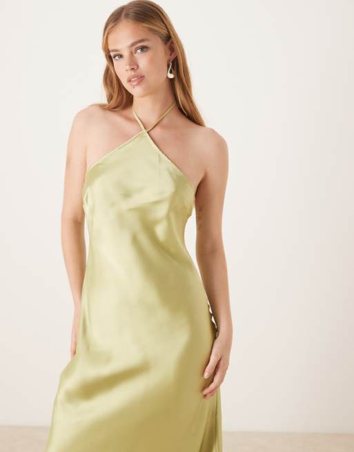 ASOS DESIGN - Vestito lungo in raso verde oliva allacciato al collo, 4 di 4