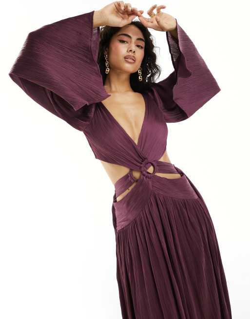 ASOS DESIGN - Vestito lungo in raso viola plissé con anelli in vita e maniche a kimono, 2 di 4