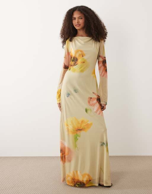 ASOS DESIGN - Vestito lungo in rete a fiori con maniche lunghe a pipistrello, 2 di 4
