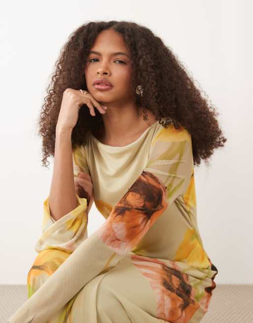 ASOS DESIGN - Vestito lungo in rete a fiori con maniche lunghe a pipistrello, 3 di 4