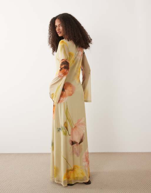 ASOS DESIGN - Vestito lungo in rete a fiori con maniche lunghe a pipistrello, 4 di 4