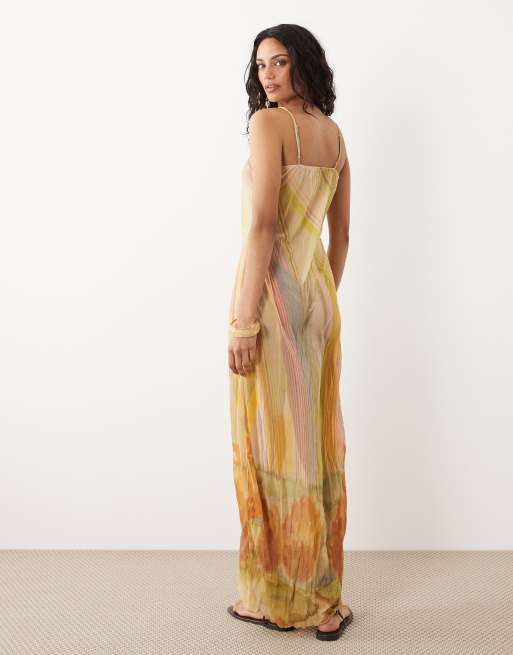 ASOS DESIGN - Vestito lungo in rete a fiori semitrasparente stropicciato, 4 di 4