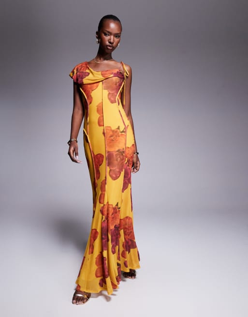 ASOS DESIGN - Vestito lungo in rete a fiori vintage con drappeggio sul davanti