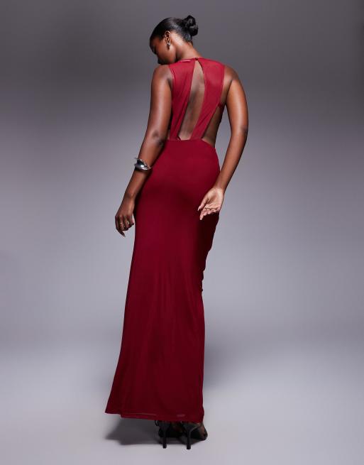 ASOS DESIGN strappy back ruched mesh maxi dress in dark cherry