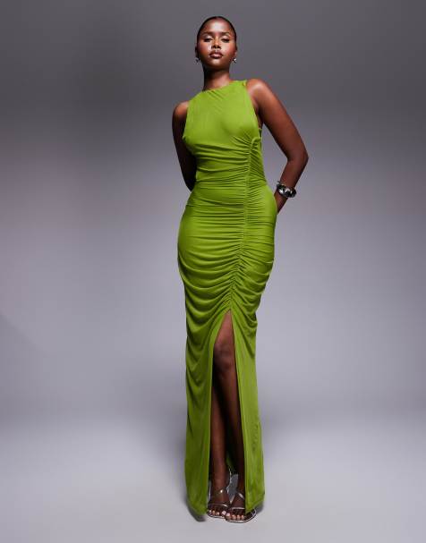 ASOS DESIGN - Vestito lungo in rete arricciata color lime con fascette sul retro - view 1