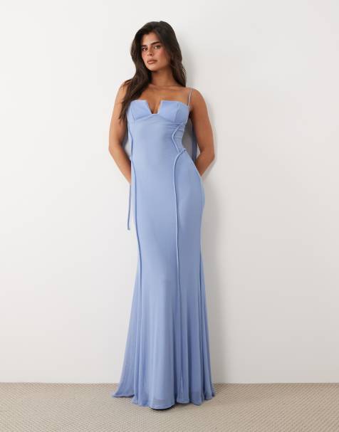 ASOS DESIGN - Vestito lungo in rete blu pallido con cuciture a vista e coppe scolpite - view 1