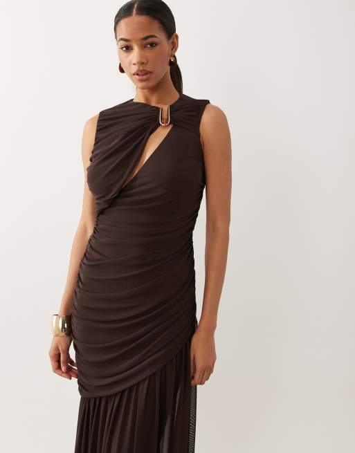 ASOS DESIGN - Vestito lungo in rete color cioccolato con cut-out sul retro e perline, 4 di 4