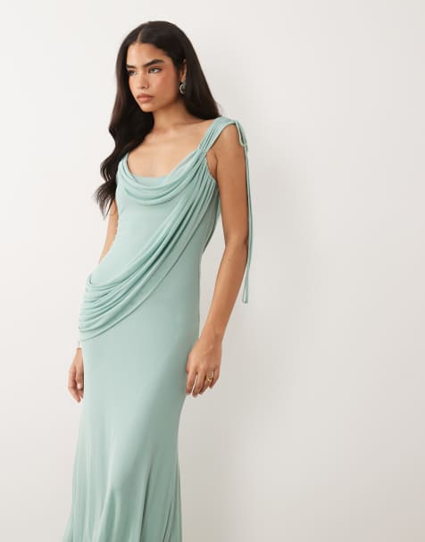 ASOS DESIGN - Vestito lungo in rete color salvia tenue con scollo drappeggiato e spalle drappeggiate con laccetti - view 1