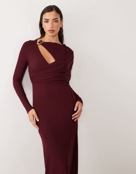 ASOS DESIGN vestito lungo in rete con dettagli metallici e cut-out con scollo ad anello in bordeaux - view 1