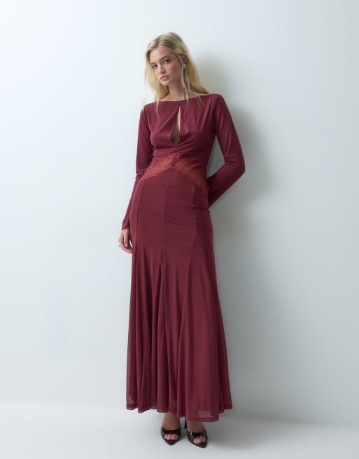 ASOS DESIGN vestito lungo in rete con dettaglio inserto in pizzo bordeaux, 1 di 5