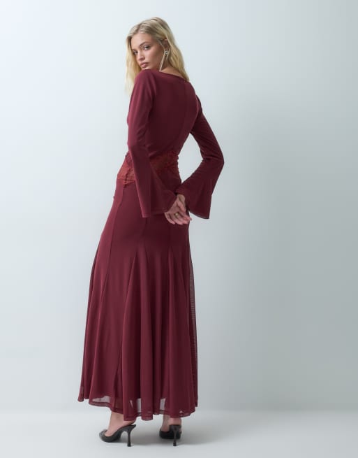ASOS DESIGN vestito lungo in rete con dettaglio inserto in pizzo bordeaux, 3 di 5