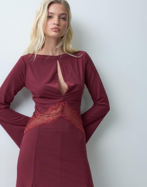 ASOS DESIGN vestito lungo in rete con dettaglio inserto in pizzo bordeaux, 4 di 5