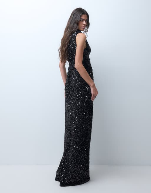 ASOS DESIGN vestito lungo in rete con paillettes e spalline imbottite nero, 5 di 5