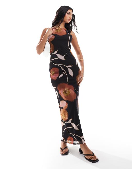 ASOS DESIGN - Vestito lungo in rete con scollo ad anello sul retro e allacciatura nero a fiori