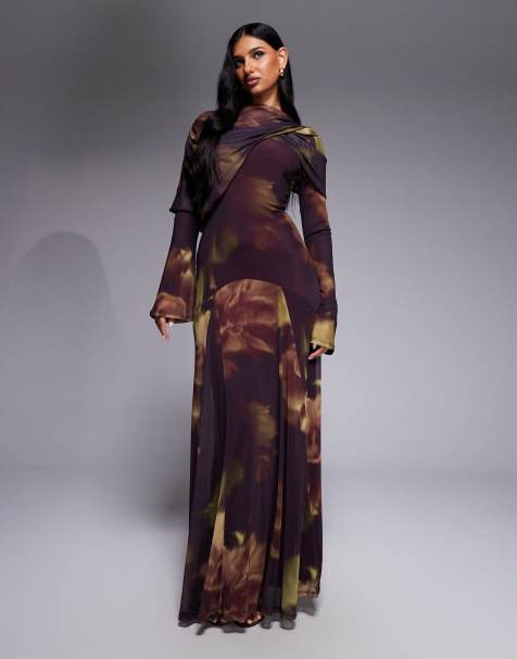 ASOS DESIGN - Vestito lungo in rete con scollo drappeggiato sovrapposto a fiori sfocati - view 1